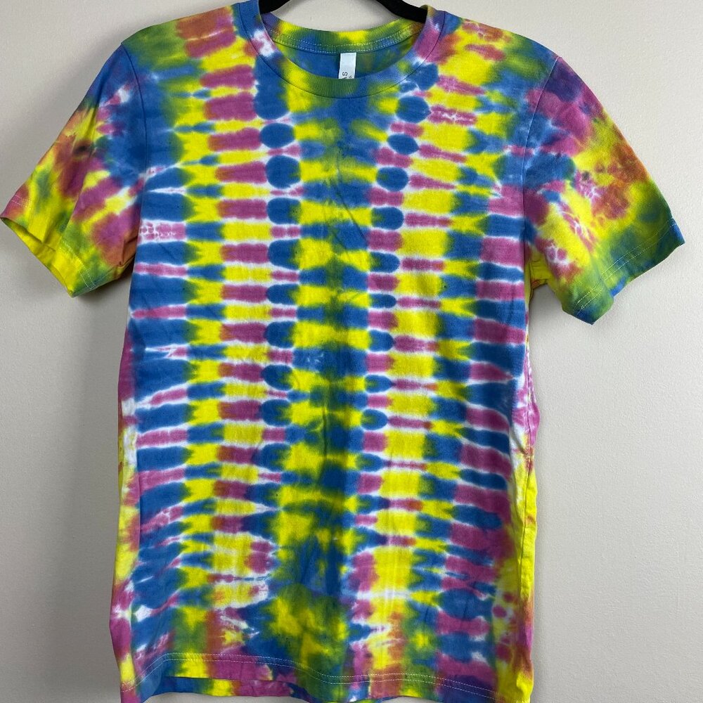 Psychedelic Tie Dye Accordion Design T-Shirt Unisex Size Medium Yellow Pink Blue